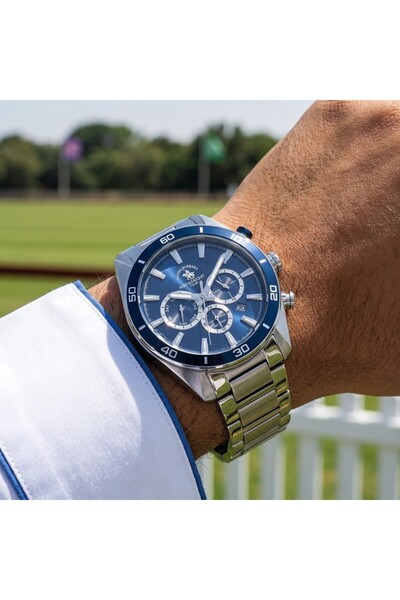 Santa Barbara Polo & Racquet Club ساعة رجالية من الفولاذ المقاوم للصدأ الفضي ...