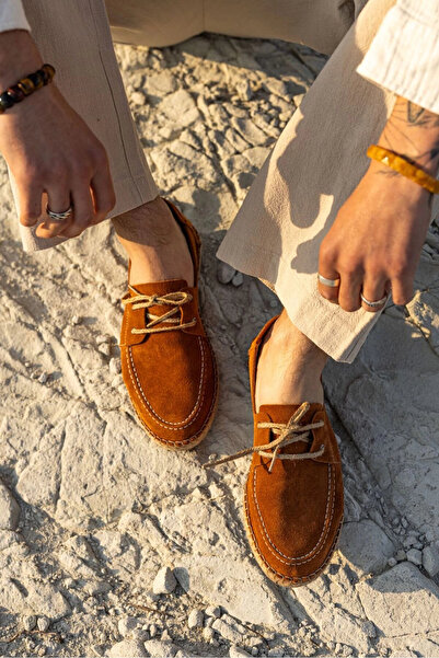 by selvi Lukka Shoes Fleur Genuine Leather Tan Lace-Up Espadrille