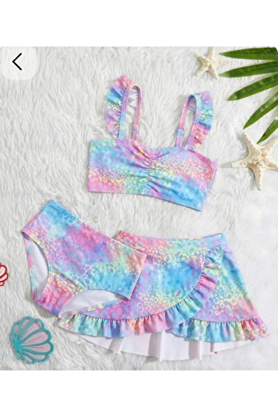 ARBİ kids Girl's Patterned Colorful Stylish Three-Piece Skirted Bikini Set