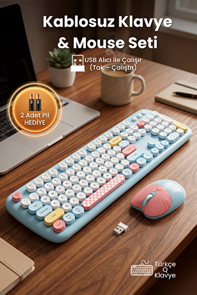 Geezer Kablosuz Klavye ve Mouse Set Renkli Sevimli 100 Tuşlu Pc Notebook Lapt...