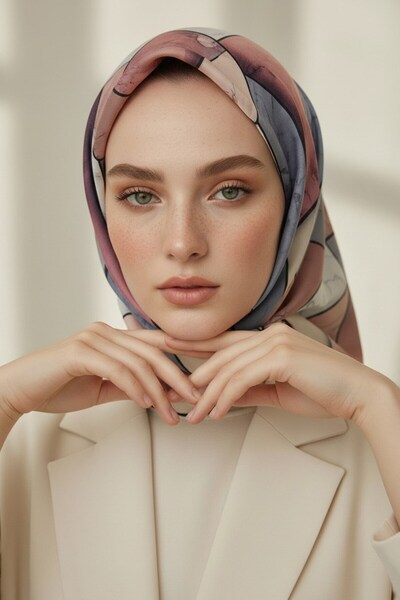 Vissona %100 Twill İpek Mermer Desenli Pudra - Bebe Mavisi Renkli 90x90 Eşarp...