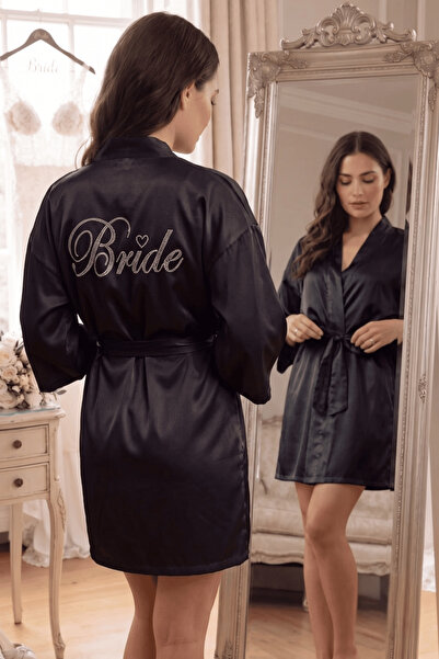 ZENCHES Bride Yazılı Kuşaklı Mini Saten Sabahlık Düğün Özel Bride Yazılı Mini...