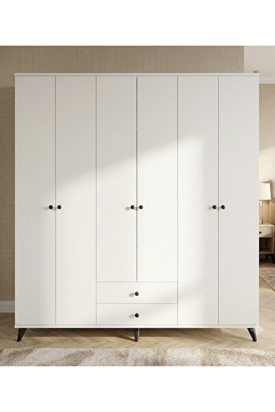 Dienni Simple Gardırop 6 Raflı 2 Çekmeceli 2 Askılı 180x44x208 BEYAZ