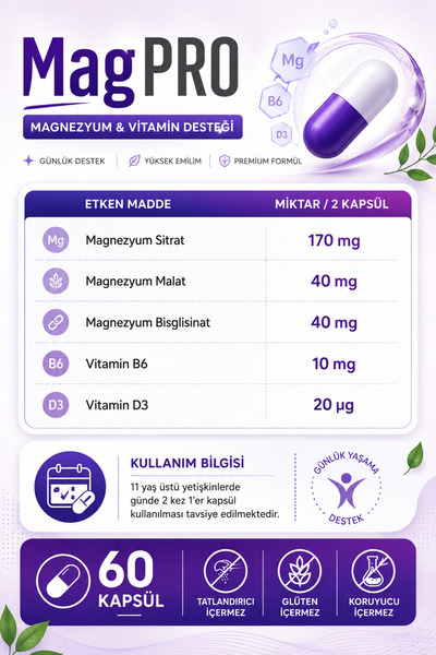 MagPRO Magnesium (Set of 2) (Sitrate, Malate, Bisglycinate) Vitamin B6 & Vitamin D3 Complex (60 Capsules)