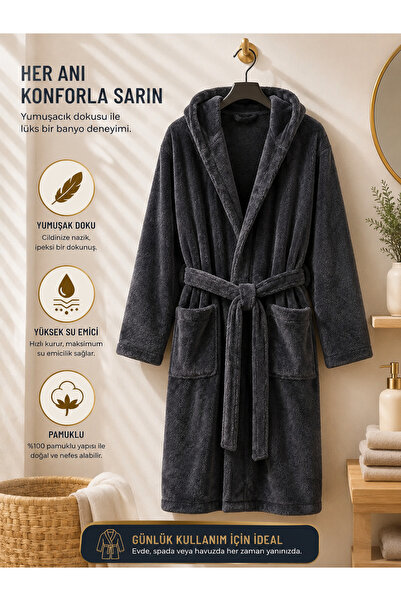 TEXTİLES MAGİC LAMP Unisex Bathrobe Triga Anthracite Hooded Soft Textured Cot...