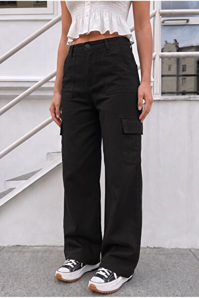 BİKELİFE Schwarze Lycra-Hose mit hoher Taille und weitem Bein und Cargotaschen