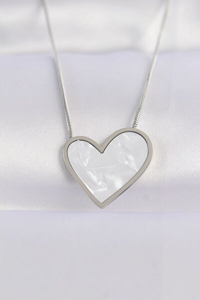 Inure Jewelry 316L Steel Chain Silver Color Marble Patterned Heart Necklace