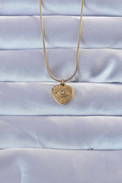Inure Jewelry 316L Gold Color Zircon Stone Embroidered Eye Detail Heart Necklace