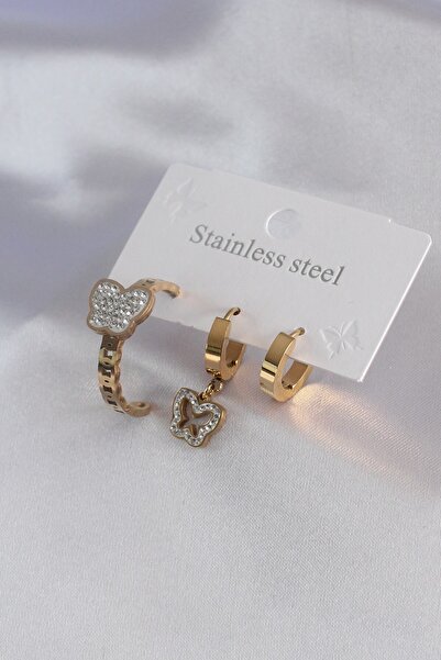 Inure Jewelry 316L الصلب لون الذهب فراشة نموذج الزركون حجر التفاصيل مجموعة أق...