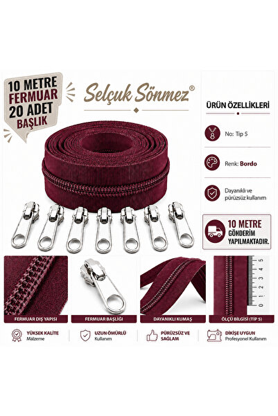SELÇUK SÖNMEZ Bordo 10 Metre Fermuar 20 Adet Başlık