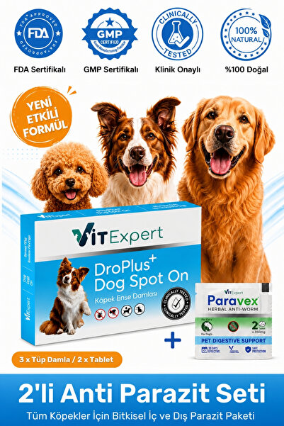 Vitexpert 2'li Set Köpek İç Dış Anti Parazit Tüm Kediler İçin Bitkisel 3 Daml...