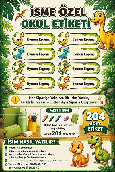 Ayza Tasarım İsme Özel Su Geçirmez Dinozor Okul Etiketi Sticker Kişiye Özel Ç...
