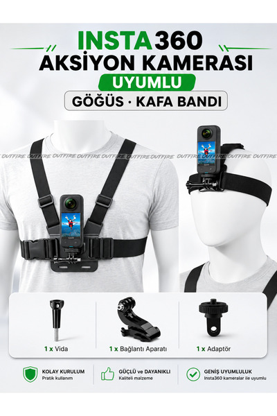 outfire INSTA360 Uyumlu Gögüs Ve Kafa bandı