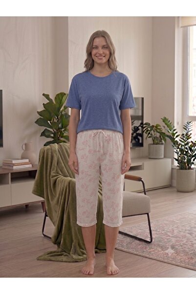 Kuryıldız Kadın Beyaz Desenli Pamuklu Diz Altı Tek Alt Pijama