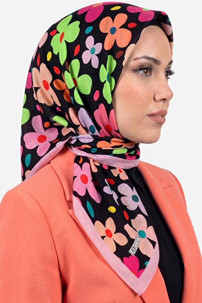 hadiora وشاح نسائي أسود متعدد الألوان من القطن العضوي الناعم بنقشة الزهور