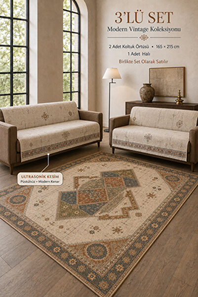 GECE HOME 3’lü Set 2 Adet 165x215 cm Koltuk Örtüsü + 1 Adet Kaymaz Taban Diji...