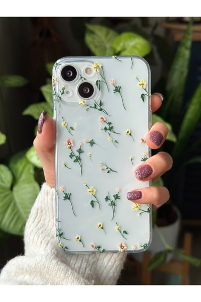Go Aksesuar Iphone 13 Ve 14 Uyumlu Krem Çiçek Şeffaf Baskı Desenli Silikon Kılıf