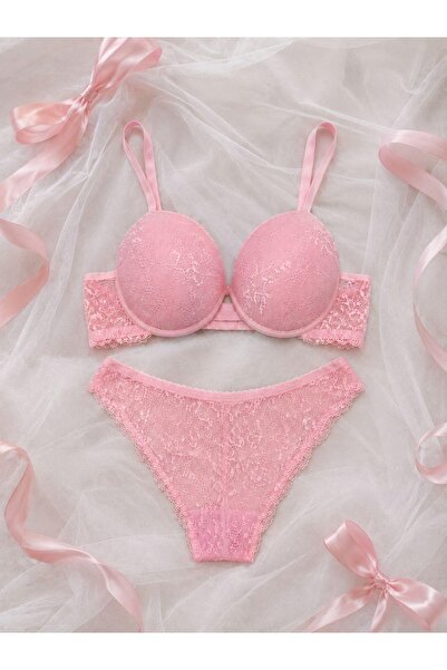 Luvia Lingerie pembe dantel destekli kadın 2'li iç çamaşırı takımı