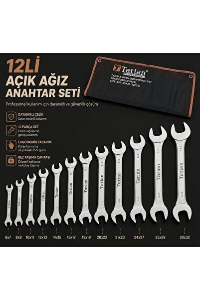 KARALAR YAPI Tatian 12 Parça Açık Ağız Anahtar Takımı 6x7 - 30x32 mm Bez Çant...
