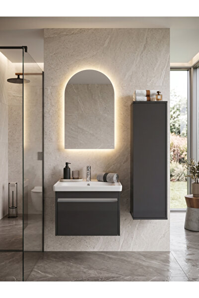 USART BANYO Line 60 Antrasit Gri Parlak Yüzey Banyo Dolabı Takimi, GÜNIŞIĞI L...