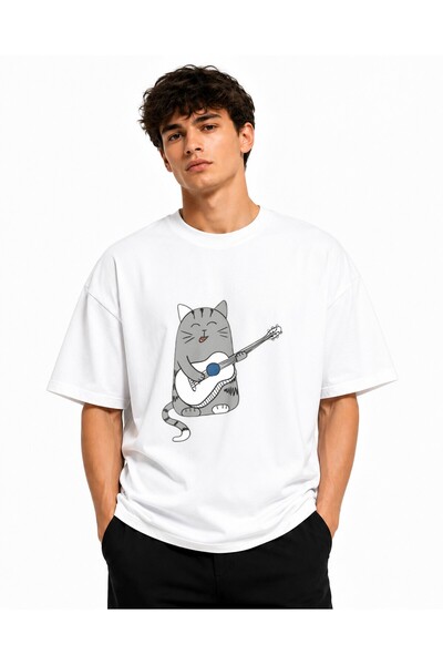 Inscriptie Ουνισέξ Βαμβακερό T-Shirt Υψηλής Ποιότητας  "Γάτα που παίζει κιθάρα "
