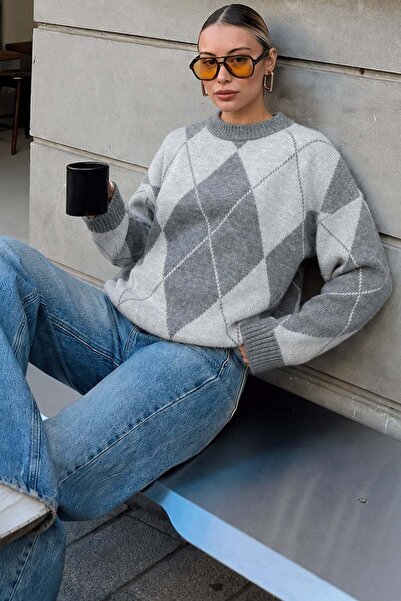 Madmext Anthracite Diamond Pattern Women's Knitwear Sweater Mg2190