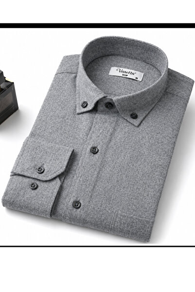 Varetta Men's Gray Winter Shirt with Wide Cut Pockets and Collar Buttons