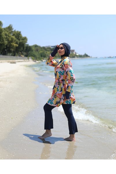 Rosto Fashion Watercolor Patterned Fully Covered Hijab Swimsuit with Adjustable Waist, 3-Piece Water-Repellent Fabric