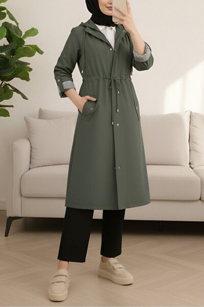 Modamorfo Khakifarbene, gestreifte, gefütterte Trenchcoat