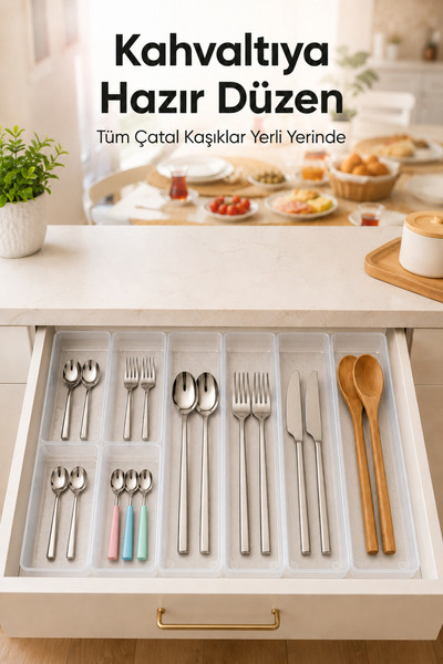 Vienev 8'li Modüler Şeffaf Kaşıklık Seti Çekmece İçi Mutfak Çatal Kaşık Bıçak Düzenleyici Organizer (4F4C)