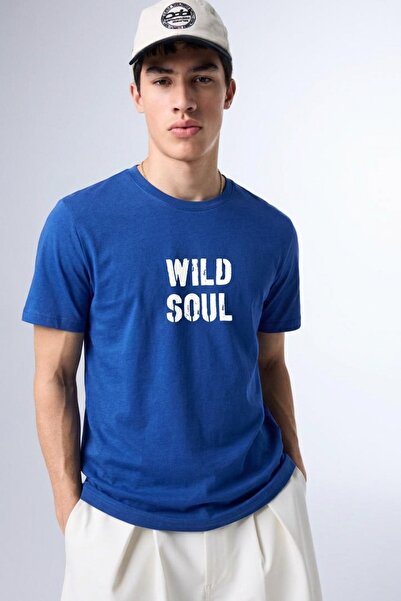 comstar Men's Wild Soul Text Print Oversize Navy Loose T-Shirt