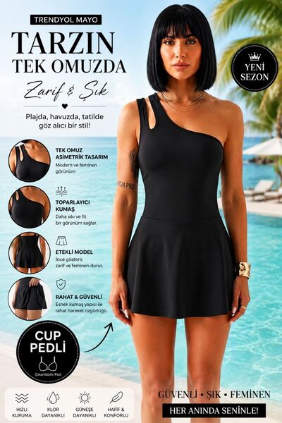 mrm pro Women's One-Shoulder Double Strap Swimsuit Dress with Shorts, Cup Pad...
