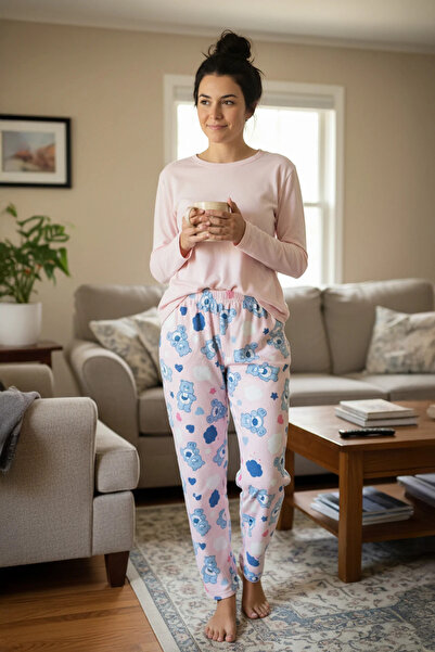 Fulla Moda Ayıcık Baskılı Kadife Pijama Altı