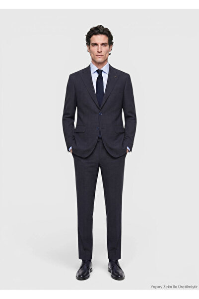 Ramsey Navy Blue Patterned Zeroweight Slim Fit Wool Blend Suit