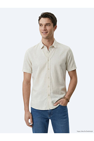 Kip Bej Desenli Regular Fit Kısa Casual Gömlek