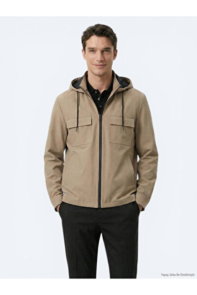 Kip Light Brown Regular Fit Hooded Casual Woven Coat