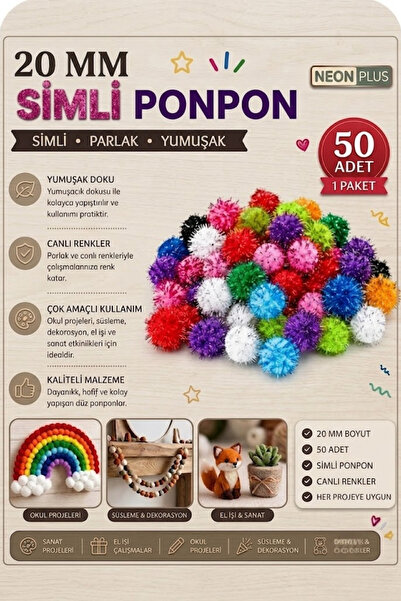 NEON PLUS Renkli Simli Ponpon 50'li Paket 20 mm Hobi Tasarım Anasınıfı Kreş E...