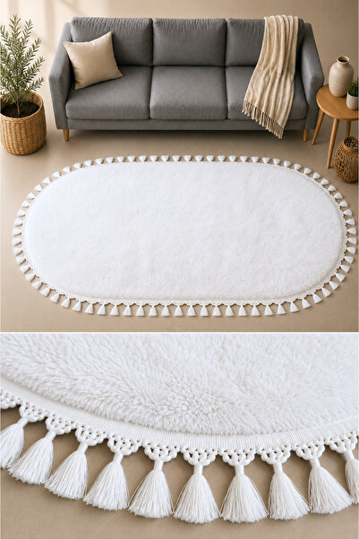 SANRUGS Home & Living Beyaz Renk, Akrilik Püsküllü Oval Kesim Post Peluş Yumu...