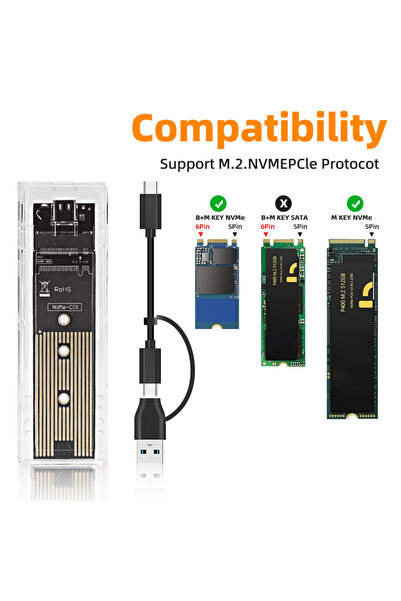Choice1 علبة E-Nvme-21 M.2 NVME PCIe NGFF SATA ثنائية البروتوكول لـ SSD، شفاف...