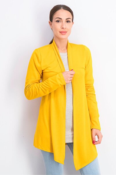 Mix Women Plain Split Neck Long Sleeve Cardigan, Mustard