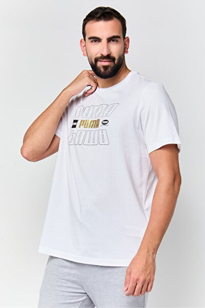 Puma تي شيرت رجالي رياضي بأكمام قصيرة مناسب للخارج، أبيض