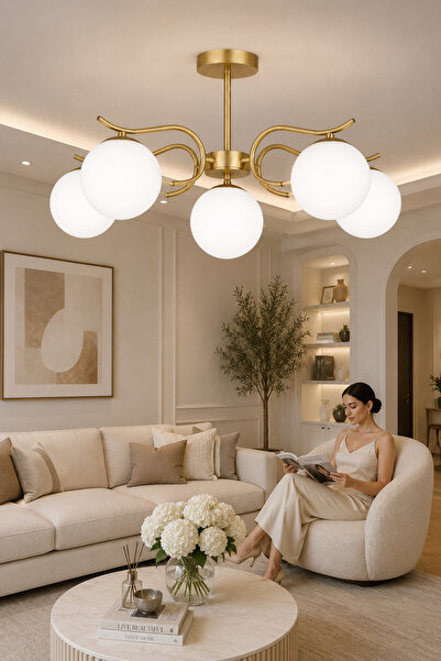 ESSLİGHT Alara 5’li Eskitme Beyaz Camlı Modern Salon Mutfak Yatak Odası Avizesi