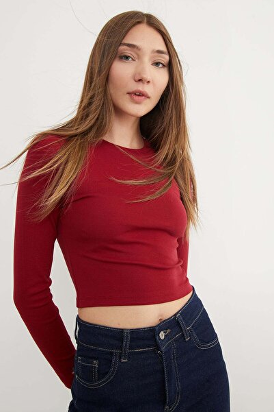 Fulla Moda Basic Bisiklet Yaka Uzun Kollu Crop Body