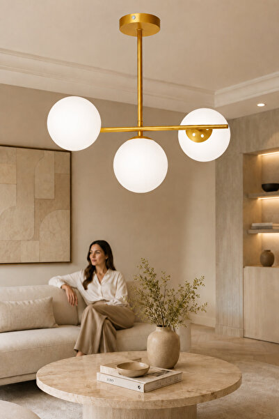 ESSLİGHT Nova 3’lü Eskitme Beyaz Camlı Modern Salon Mutfak Yatak Odası Avizesi