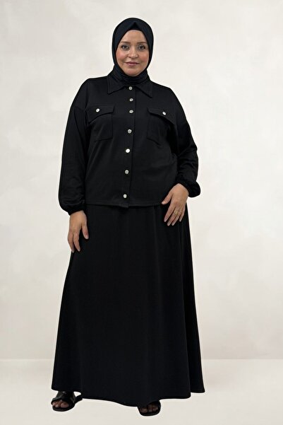 Eslina 67066 Plus Size Modal Suit with Flap Pockets and Skirt - Black