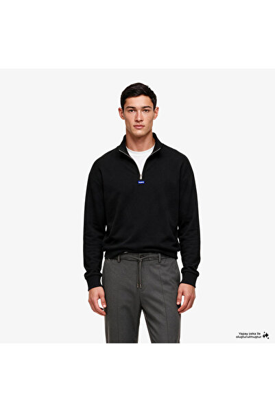 Hugo Boss هوجو نيلر سويت شيرت أسود للرجال بنصف سحاب أمامي