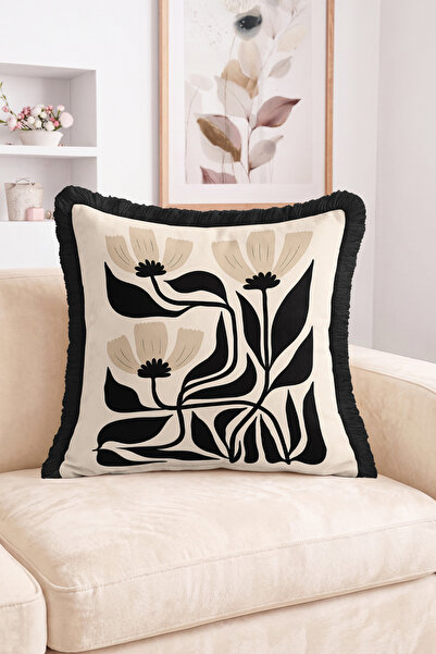 Realhomes Black Floral and Leaf Pattern Ecru Floor Fringed Throw Pillow Cover...