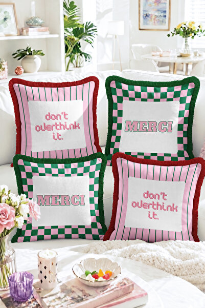 Realhomes Merci and Don'T Overthink It Written Pink Green Plaid Striped 4-Pie...