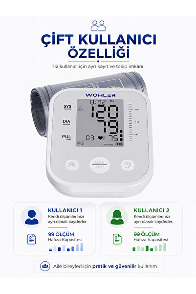 Wohler Üst Koldan Ölçer Dijital Tansiyon Aleti , Nabız Ölçer, TYPC-E , 99 Ölçüm Hafıza Çantalı