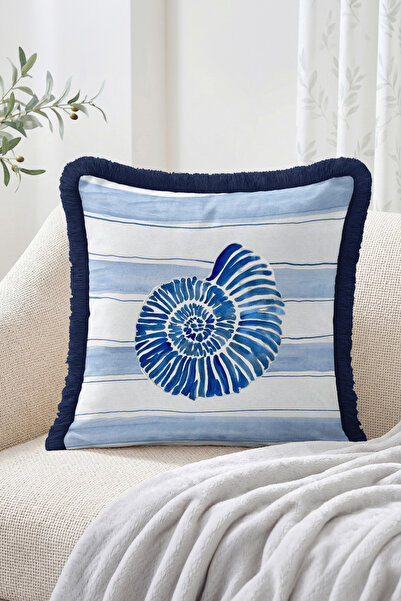 Realhomes Striped Mediterranean Style Fringed Cushion Cover with Sea Shell Fi...